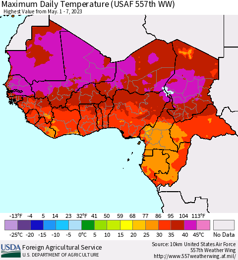 Western Africa Maximum Daily Temperature (USAF 557th WW) Thematic Map For 5/1/2023 - 5/7/2023