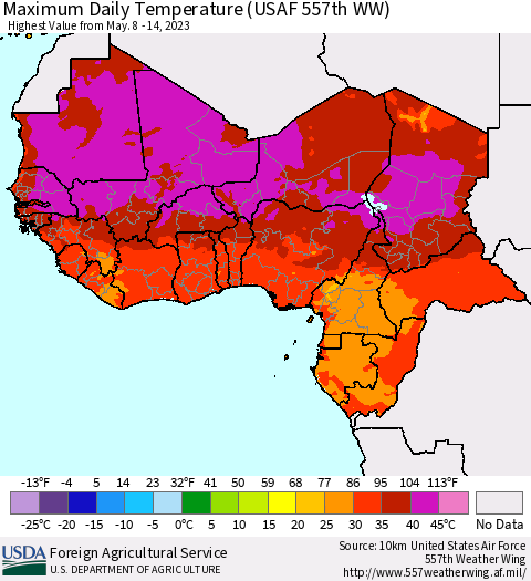 Western Africa Maximum Daily Temperature (USAF 557th WW) Thematic Map For 5/8/2023 - 5/14/2023