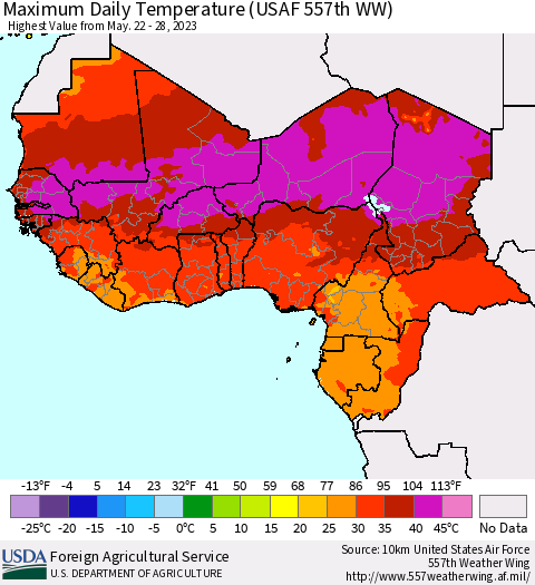 Western Africa Maximum Daily Temperature (USAF 557th WW) Thematic Map For 5/22/2023 - 5/28/2023
