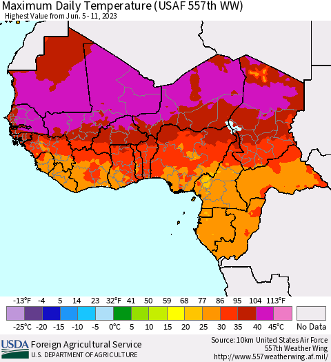 Western Africa Maximum Daily Temperature (USAF 557th WW) Thematic Map For 6/5/2023 - 6/11/2023
