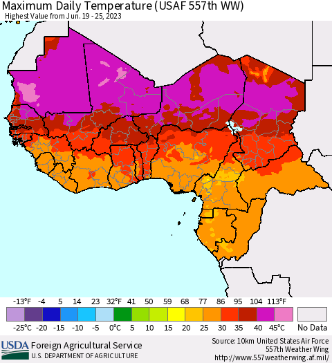Western Africa Maximum Daily Temperature (USAF 557th WW) Thematic Map For 6/19/2023 - 6/25/2023