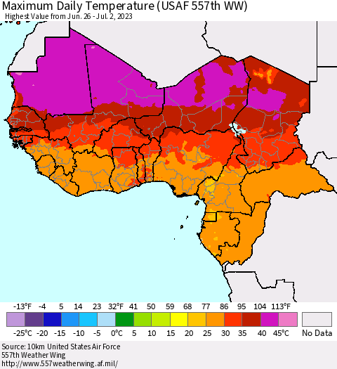 Western Africa Maximum Daily Temperature (USAF 557th WW) Thematic Map For 6/26/2023 - 7/2/2023