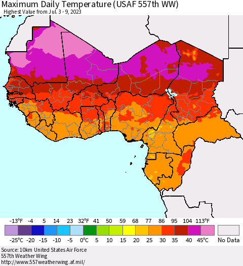 Western Africa Maximum Daily Temperature (USAF 557th WW) Thematic Map For 7/3/2023 - 7/9/2023