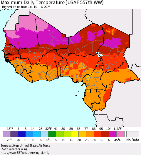 Western Africa Maximum Daily Temperature (USAF 557th WW) Thematic Map For 7/10/2023 - 7/16/2023