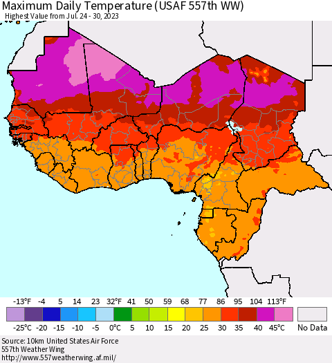 Western Africa Maximum Daily Temperature (USAF 557th WW) Thematic Map For 7/24/2023 - 7/30/2023
