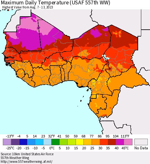 Western Africa Maximum Daily Temperature (USAF 557th WW) Thematic Map For 8/7/2023 - 8/13/2023