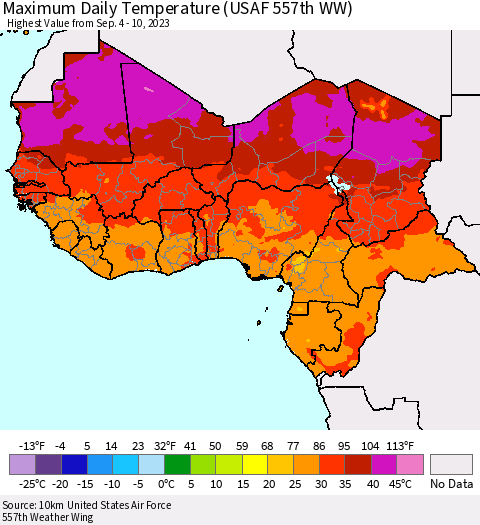 Western Africa Maximum Daily Temperature (USAF 557th WW) Thematic Map For 9/4/2023 - 9/10/2023