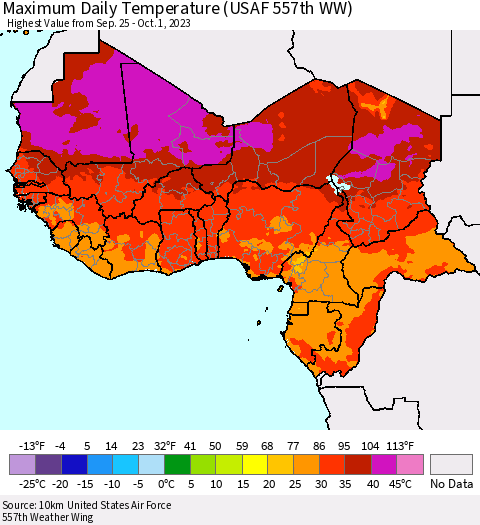 Western Africa Maximum Daily Temperature (USAF 557th WW) Thematic Map For 9/25/2023 - 10/1/2023
