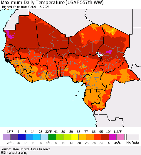 Western Africa Maximum Daily Temperature (USAF 557th WW) Thematic Map For 10/9/2023 - 10/15/2023