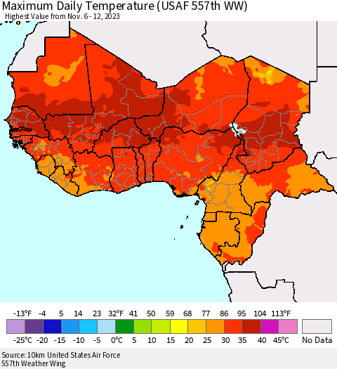 Western Africa Maximum Daily Temperature (USAF 557th WW) Thematic Map For 11/6/2023 - 11/12/2023