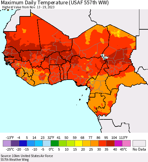 Western Africa Maximum Daily Temperature (USAF 557th WW) Thematic Map For 11/13/2023 - 11/19/2023