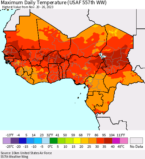 Western Africa Maximum Daily Temperature (USAF 557th WW) Thematic Map For 11/20/2023 - 11/26/2023