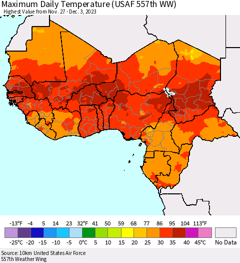 Western Africa Maximum Daily Temperature (USAF 557th WW) Thematic Map For 11/27/2023 - 12/3/2023