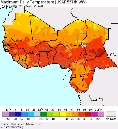 Western Africa Maximum Daily Temperature (USAF 557th WW) Thematic Map For 12/18/2023 - 12/24/2023