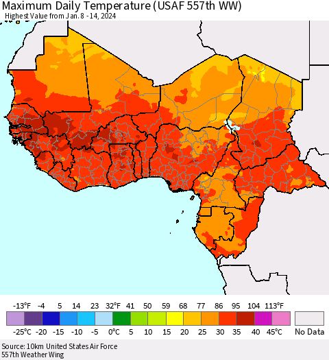 Western Africa Maximum Daily Temperature (USAF 557th WW) Thematic Map For 1/8/2024 - 1/14/2024