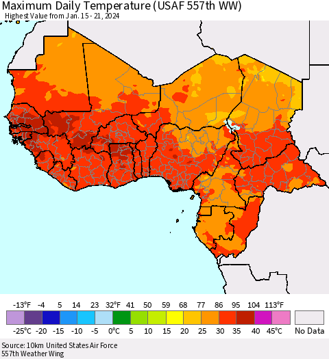 Western Africa Maximum Daily Temperature (USAF 557th WW) Thematic Map For 1/15/2024 - 1/21/2024