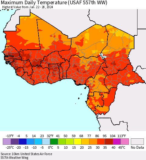 Western Africa Maximum Daily Temperature (USAF 557th WW) Thematic Map For 1/22/2024 - 1/28/2024