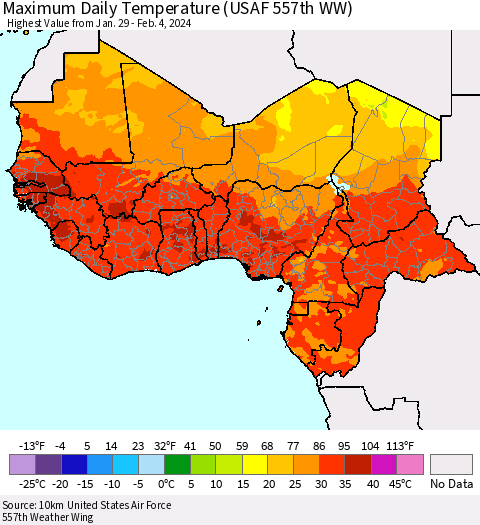 Western Africa Maximum Daily Temperature (USAF 557th WW) Thematic Map For 1/29/2024 - 2/4/2024