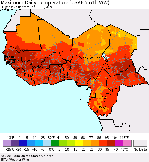 Western Africa Maximum Daily Temperature (USAF 557th WW) Thematic Map For 2/5/2024 - 2/11/2024