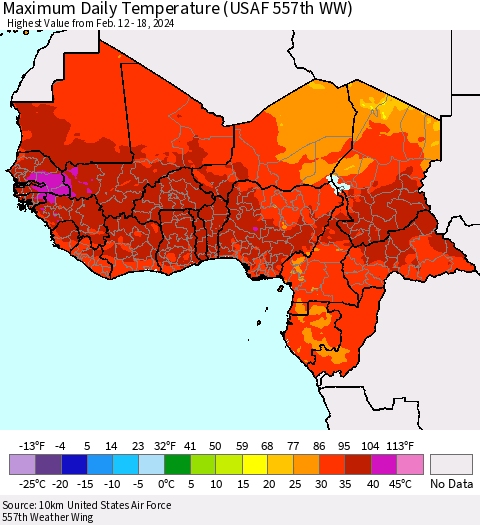 Western Africa Maximum Daily Temperature (USAF 557th WW) Thematic Map For 2/12/2024 - 2/18/2024