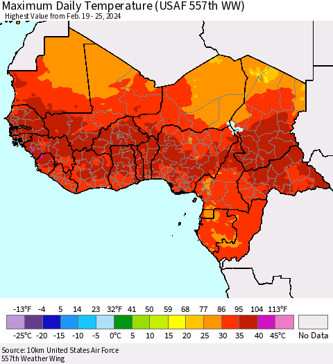 Western Africa Maximum Daily Temperature (USAF 557th WW) Thematic Map For 2/19/2024 - 2/25/2024