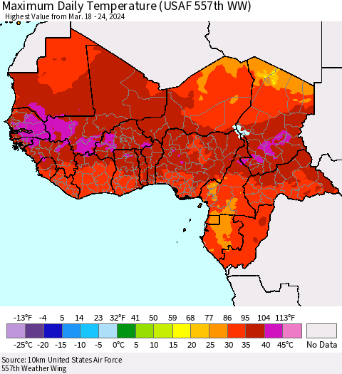 Western Africa Maximum Daily Temperature (USAF 557th WW) Thematic Map For 3/18/2024 - 3/24/2024