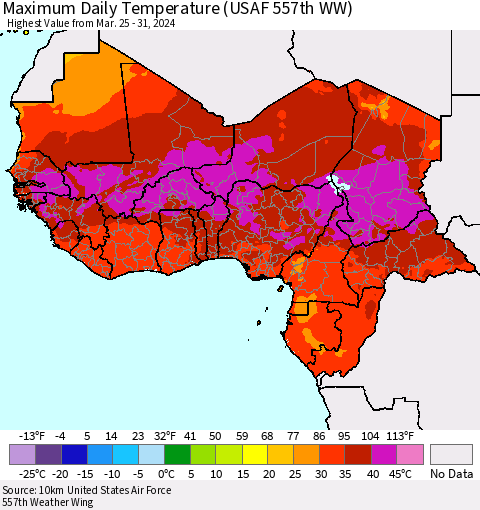Western Africa Maximum Daily Temperature (USAF 557th WW) Thematic Map For 3/25/2024 - 3/31/2024
