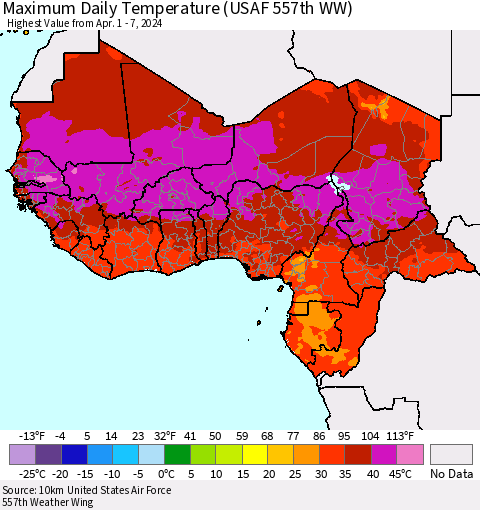 Western Africa Maximum Daily Temperature (USAF 557th WW) Thematic Map For 4/1/2024 - 4/7/2024