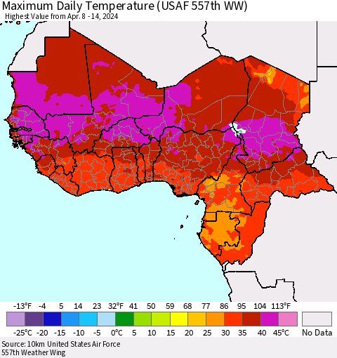 Western Africa Maximum Daily Temperature (USAF 557th WW) Thematic Map For 4/8/2024 - 4/14/2024
