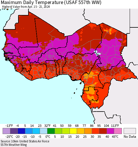 Western Africa Maximum Daily Temperature (USAF 557th WW) Thematic Map For 4/15/2024 - 4/21/2024