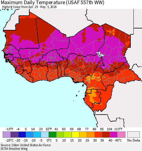 Western Africa Maximum Daily Temperature (USAF 557th WW) Thematic Map For 4/29/2024 - 5/5/2024