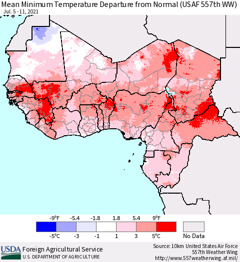 Western Africa Mean Minimum Temperature Departure from Normal (USAF 557th WW) Thematic Map For 7/5/2021 - 7/11/2021