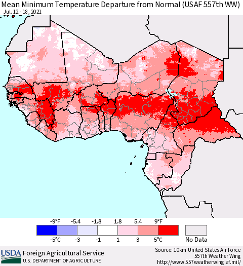 Western Africa Mean Minimum Temperature Departure from Normal (USAF 557th WW) Thematic Map For 7/12/2021 - 7/18/2021