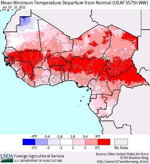 Western Africa Mean Minimum Temperature Departure from Normal (USAF 557th WW) Thematic Map For 7/19/2021 - 7/25/2021