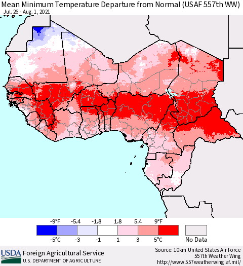 Western Africa Mean Minimum Temperature Departure from Normal (USAF 557th WW) Thematic Map For 7/26/2021 - 8/1/2021
