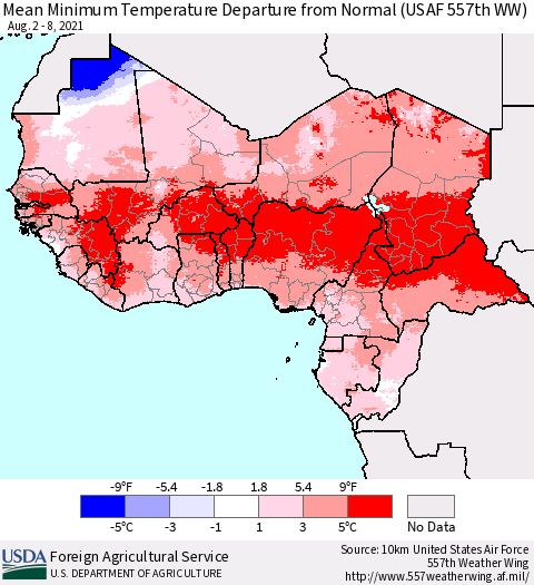 Western Africa Mean Minimum Temperature Departure from Normal (USAF 557th WW) Thematic Map For 8/2/2021 - 8/8/2021