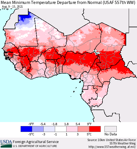 Western Africa Mean Minimum Temperature Departure from Normal (USAF 557th WW) Thematic Map For 8/9/2021 - 8/15/2021