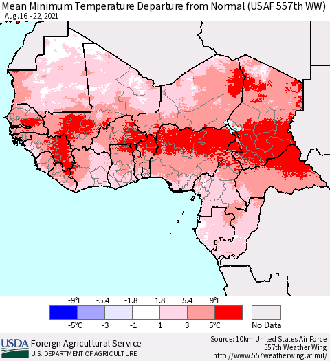 Western Africa Mean Minimum Temperature Departure from Normal (USAF 557th WW) Thematic Map For 8/16/2021 - 8/22/2021