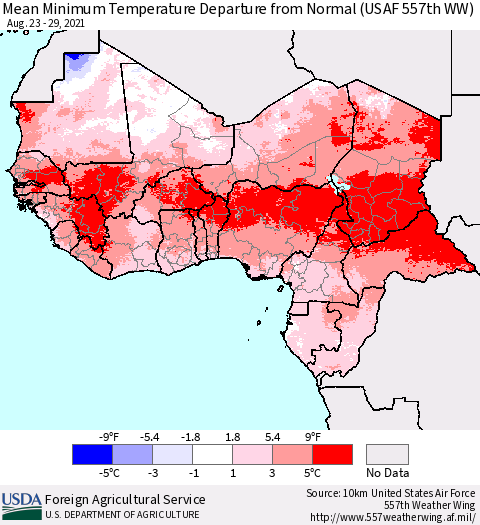 Western Africa Mean Minimum Temperature Departure from Normal (USAF 557th WW) Thematic Map For 8/23/2021 - 8/29/2021