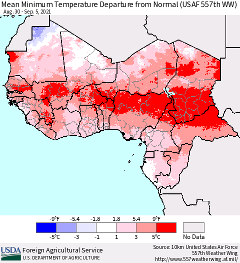Western Africa Mean Minimum Temperature Departure from Normal (USAF 557th WW) Thematic Map For 8/30/2021 - 9/5/2021