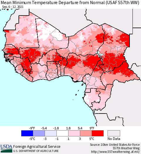 Western Africa Mean Minimum Temperature Departure from Normal (USAF 557th WW) Thematic Map For 9/6/2021 - 9/12/2021