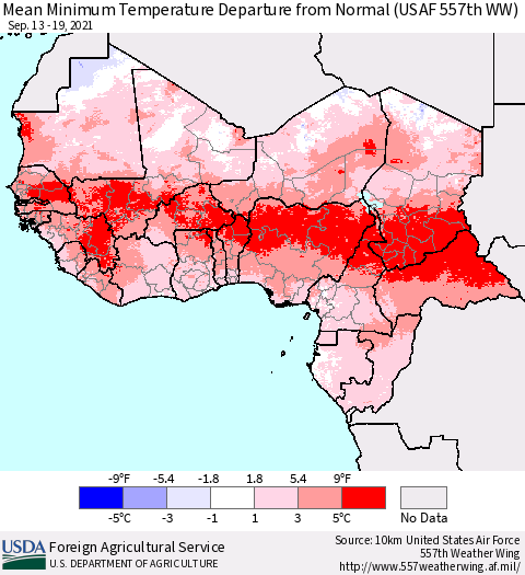 Western Africa Mean Minimum Temperature Departure from Normal (USAF 557th WW) Thematic Map For 9/13/2021 - 9/19/2021