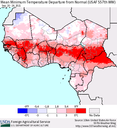 Western Africa Mean Minimum Temperature Departure from Normal (USAF 557th WW) Thematic Map For 9/20/2021 - 9/26/2021