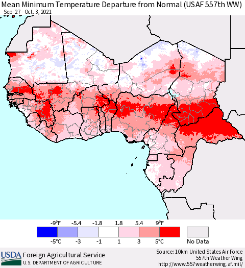 Western Africa Mean Minimum Temperature Departure from Normal (USAF 557th WW) Thematic Map For 9/27/2021 - 10/3/2021