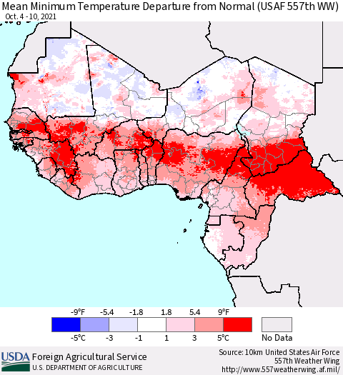 Western Africa Mean Minimum Temperature Departure from Normal (USAF 557th WW) Thematic Map For 10/4/2021 - 10/10/2021
