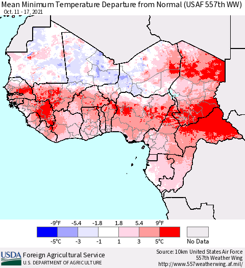 Western Africa Mean Minimum Temperature Departure from Normal (USAF 557th WW) Thematic Map For 10/11/2021 - 10/17/2021