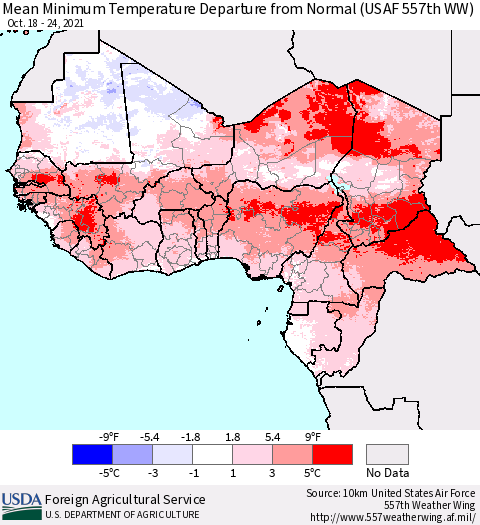 Western Africa Mean Minimum Temperature Departure from Normal (USAF 557th WW) Thematic Map For 10/18/2021 - 10/24/2021