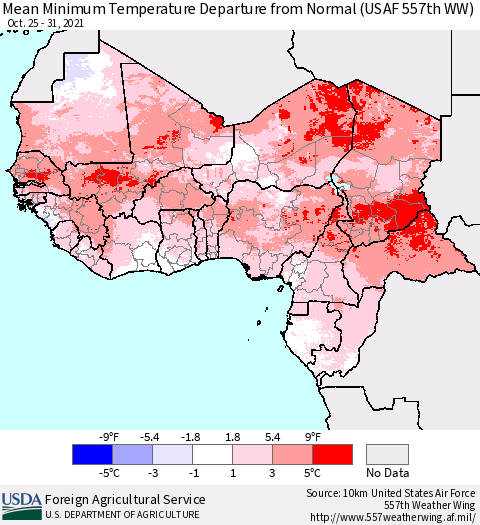 Western Africa Mean Minimum Temperature Departure from Normal (USAF 557th WW) Thematic Map For 10/25/2021 - 10/31/2021
