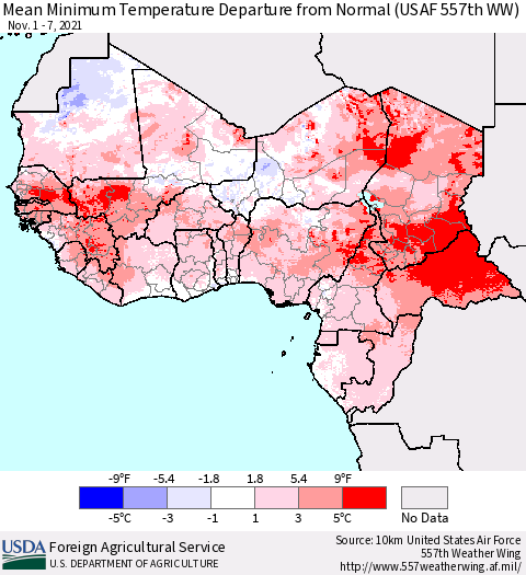Western Africa Mean Minimum Temperature Departure from Normal (USAF 557th WW) Thematic Map For 11/1/2021 - 11/7/2021