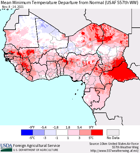 Western Africa Mean Minimum Temperature Departure from Normal (USAF 557th WW) Thematic Map For 11/8/2021 - 11/14/2021